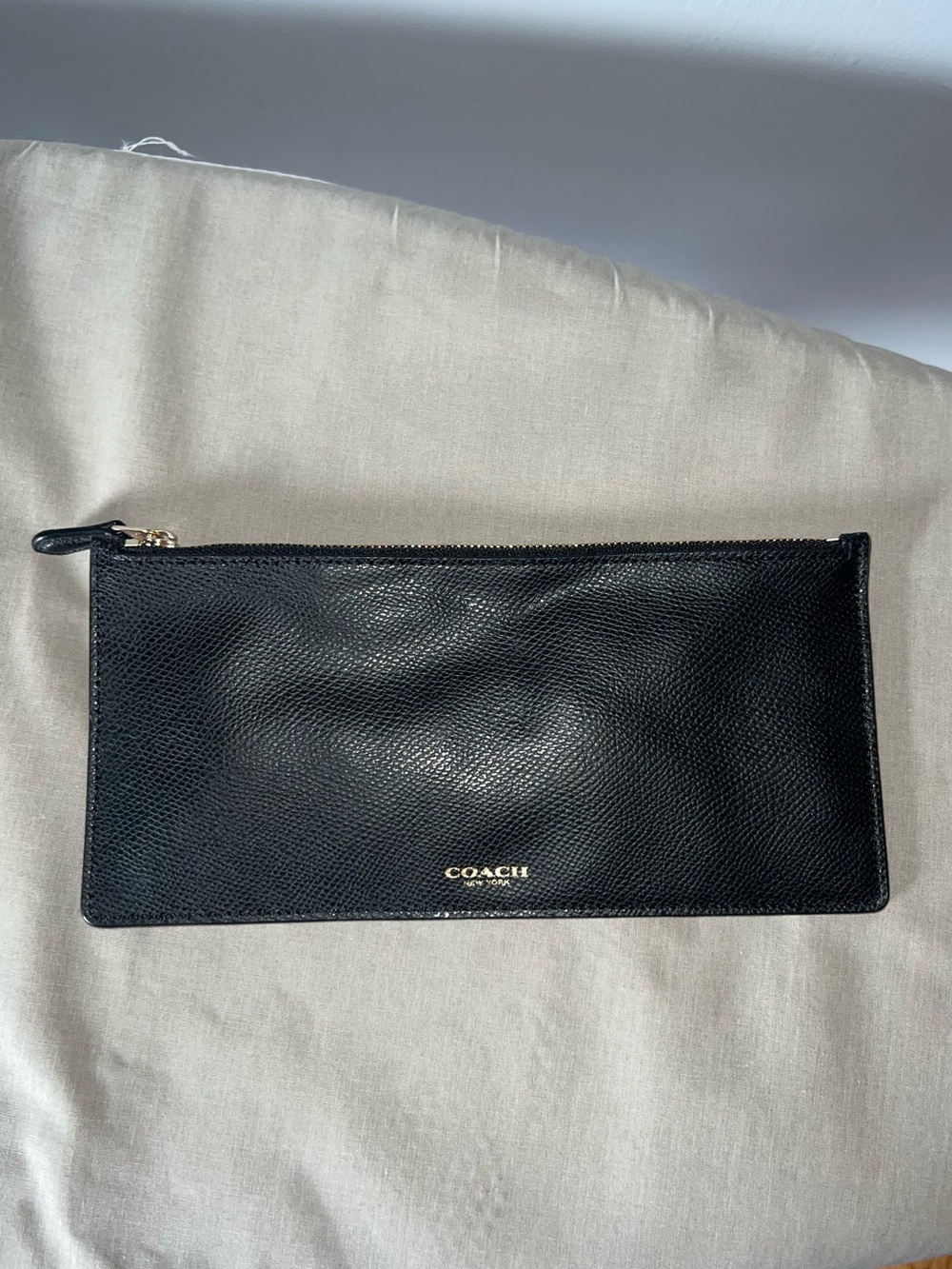 Coach Black Leather Zip Pouch with Gold Logo